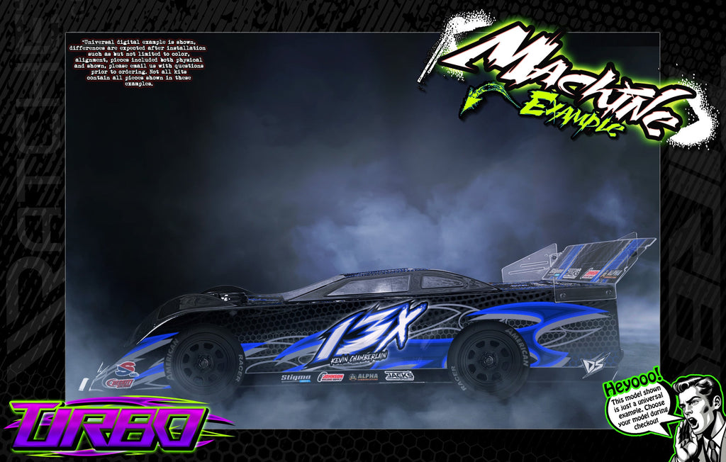 Turbo: Blue racing car example. Design available for Mr. Kustoms RC body wraps.