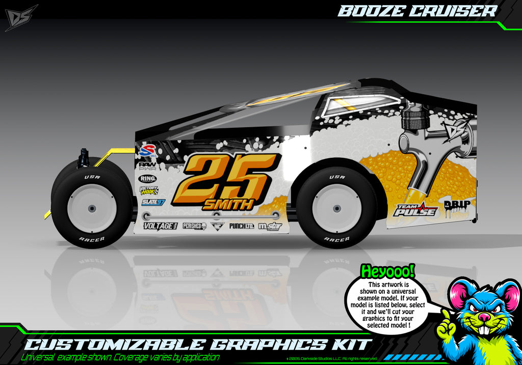 'Booze Cruiser' Customizable Decal Skin Kit Fits Salvas Mudboss / SE2 Sprint Lexan Body For Traxxas Slash Dirt Oval Short Course Racing | Darkside Studio Arts LLC - 1