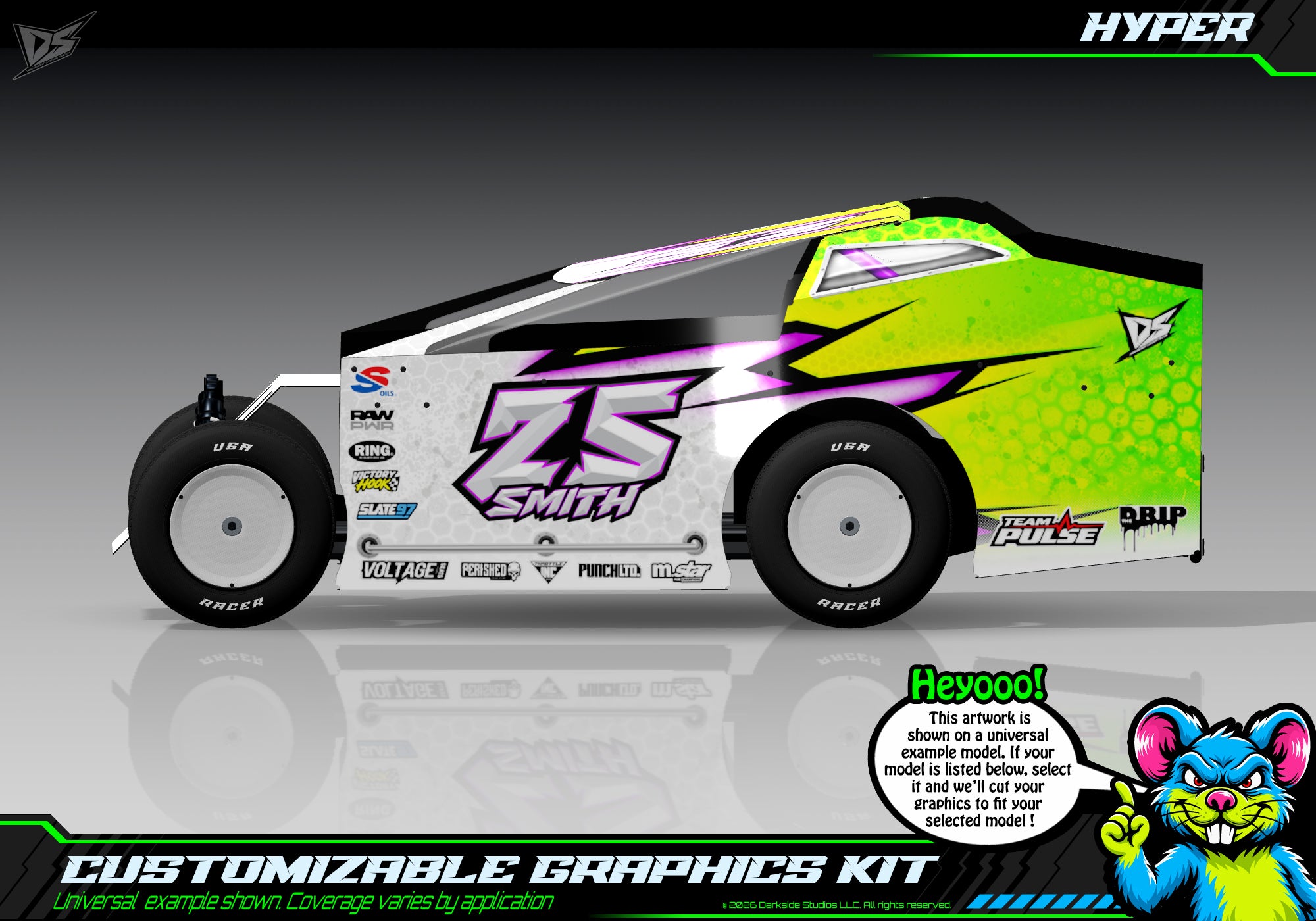 'Hyper' Customizable Decal Skin Kit Fits Salvas Mudboss / SE2 Sprint Lexan Body For Traxxas Slash Dirt Oval Short Course Racing | Darkside Studio Arts LLC - 1