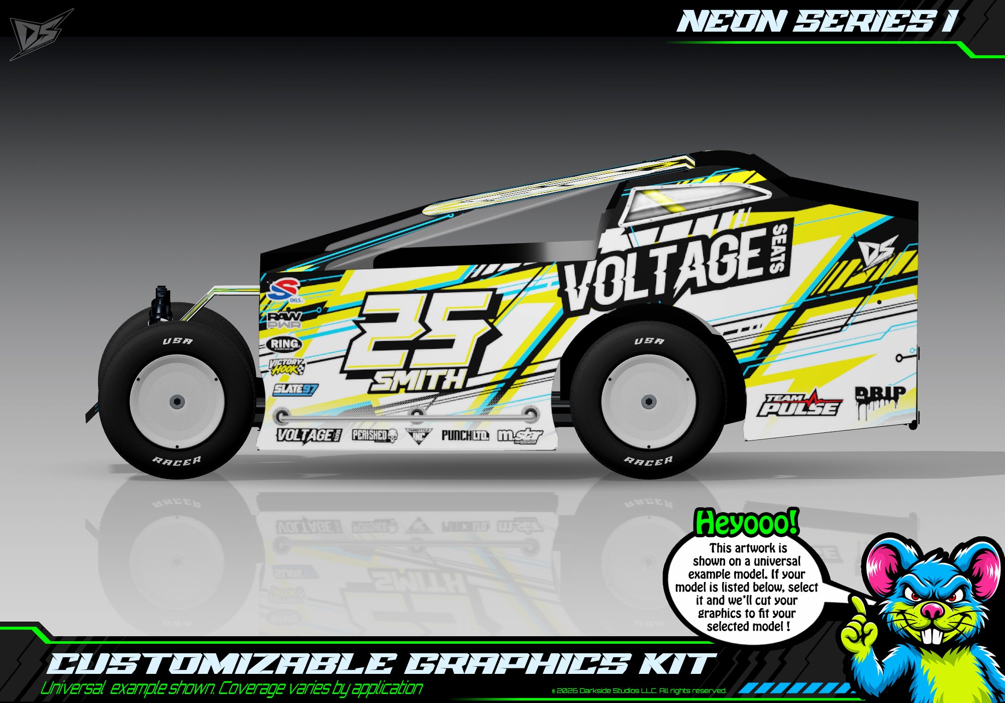 'Neon Series I' Customizable Decal Skin Kit Fits Salvas Mudboss / SE2 Sprint Lexan Body For Traxxas Slash Dirt Oval Short Course Racing | Darkside Studio Arts LLC - 1