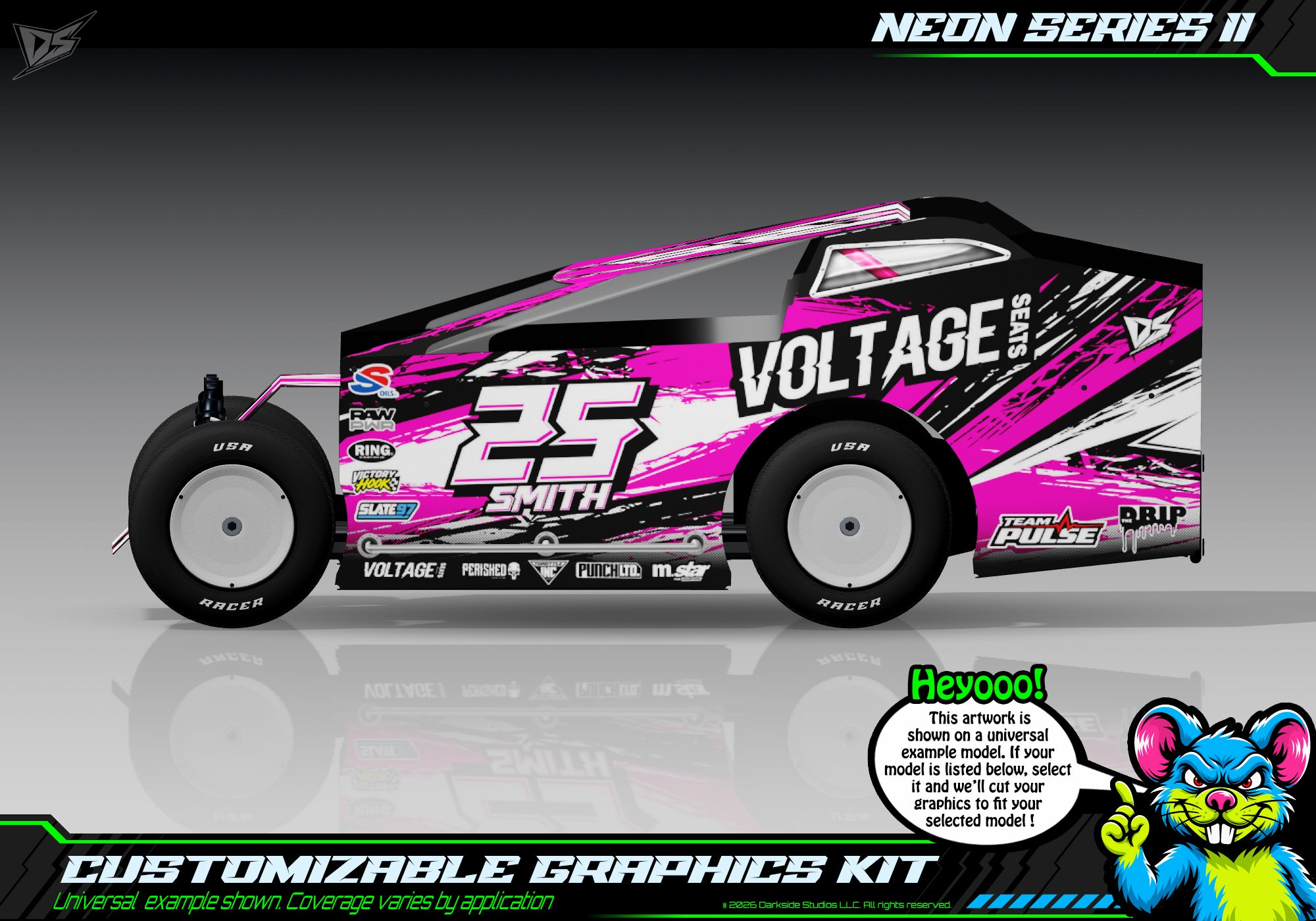 'Neon Series II' Customizable Decal Skin Kit Fits Salvas Mudboss / SE2 Sprint Lexan Body For Traxxas Slash Dirt Oval Short Course Racing | Darkside Studio Arts LLC - 1