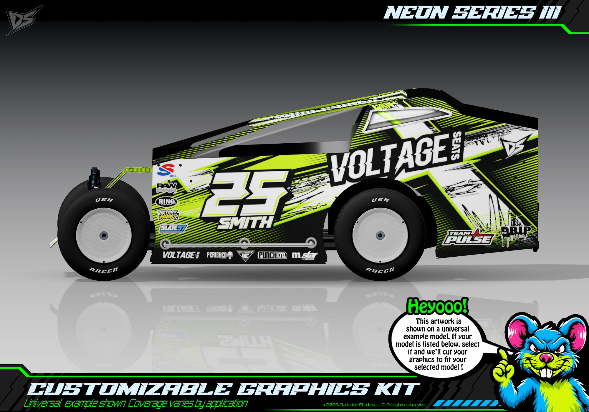 'Neon Series III' Customizable Decal Skin Kit Fits Salvas Mudboss / SE2 Sprint Lexan Body For Traxxas Slash Dirt Oval Short Course Racing | Darkside Studio Arts LLC - 1