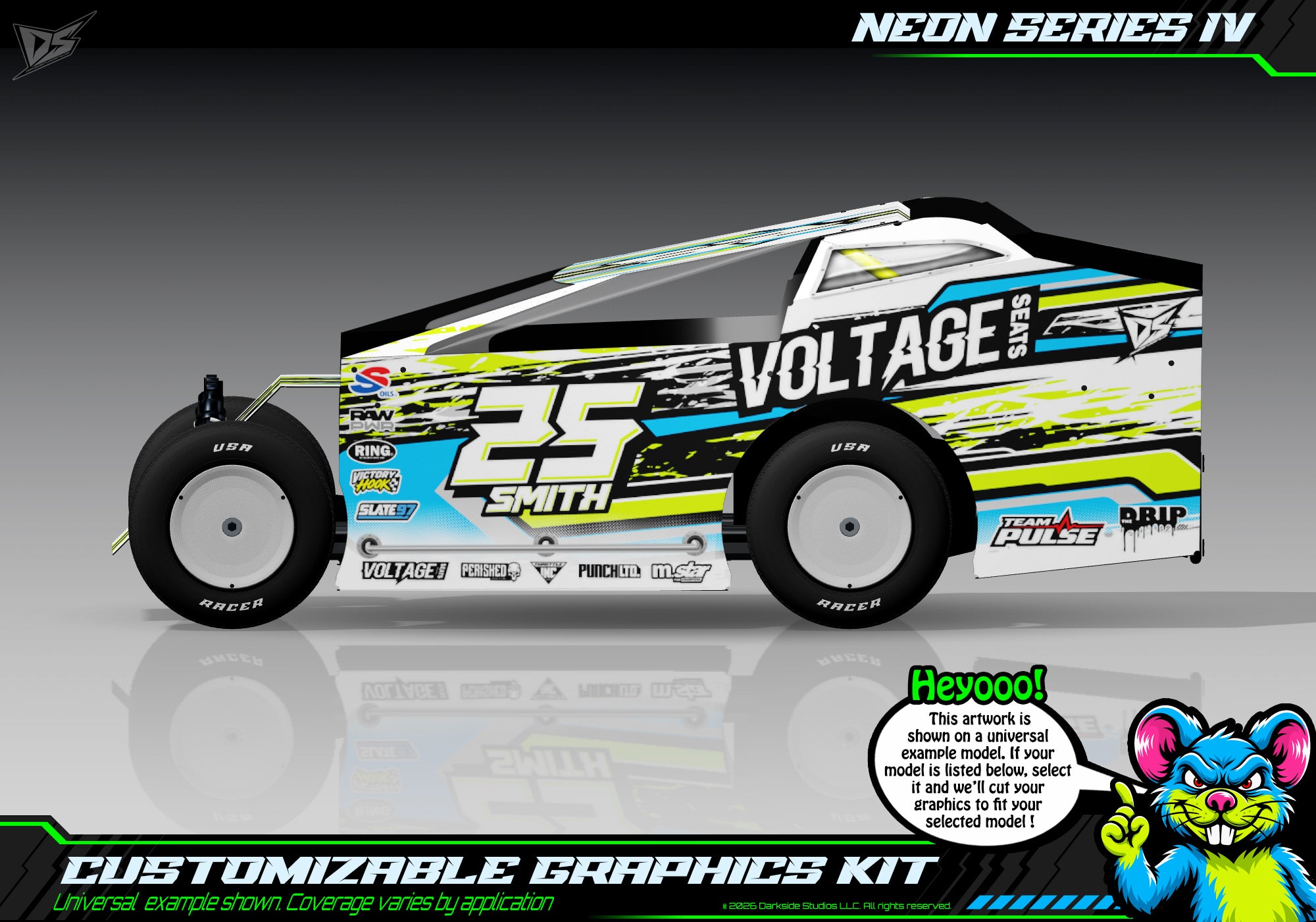 'Neon Series IV' Customizable Decal Skin Kit Fits Salvas Mudboss / SE2 Sprint Lexan Body For Traxxas Slash Dirt Oval Short Course Racing | Darkside Studio Arts LLC - 1