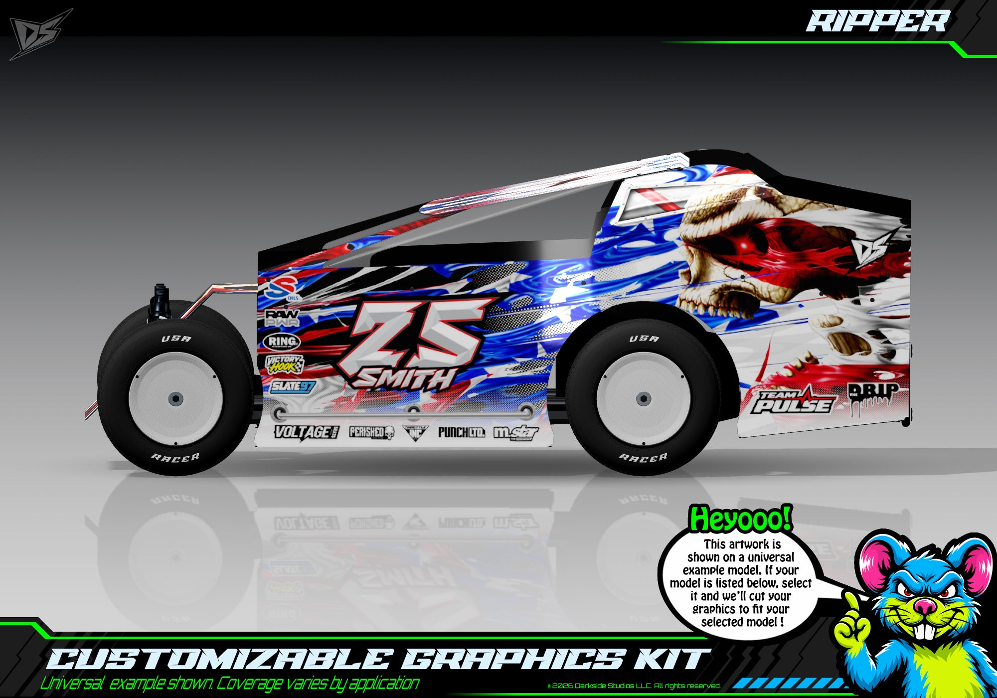 'Ripper' Customizable Decal Skin Kit Fits Salvas Mudboss / SE2 Sprint Lexan Body For Traxxas Slash Dirt Oval Short Course Racing | Darkside Studio Arts LLC - 1
