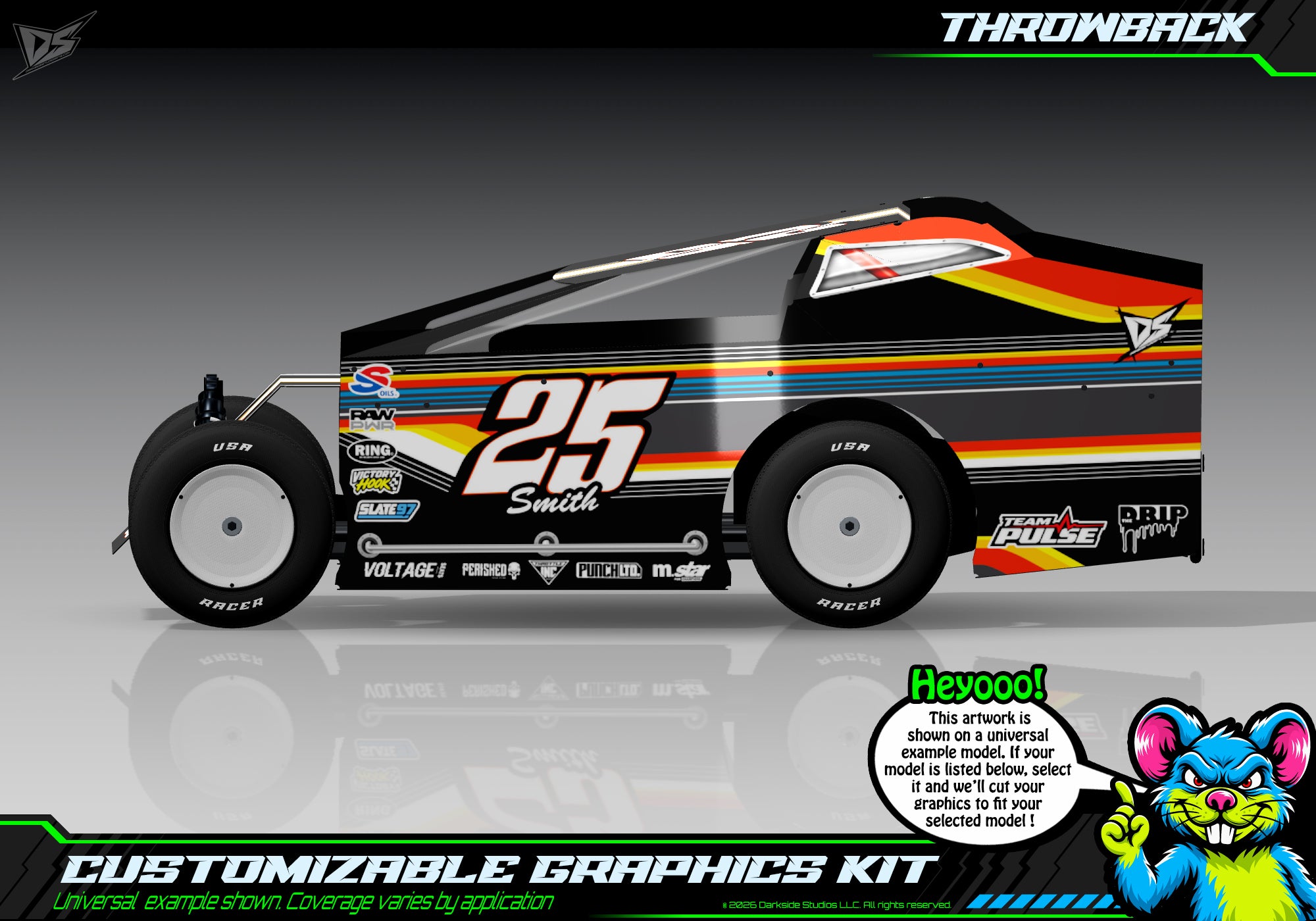 'Throwback' Customizable Decal Skin Kit Fits Salvas Mudboss / SE2 Sprint Lexan Body For Traxxas Slash Dirt Oval Short Course Racing | Darkside Studio Arts LLC - 1