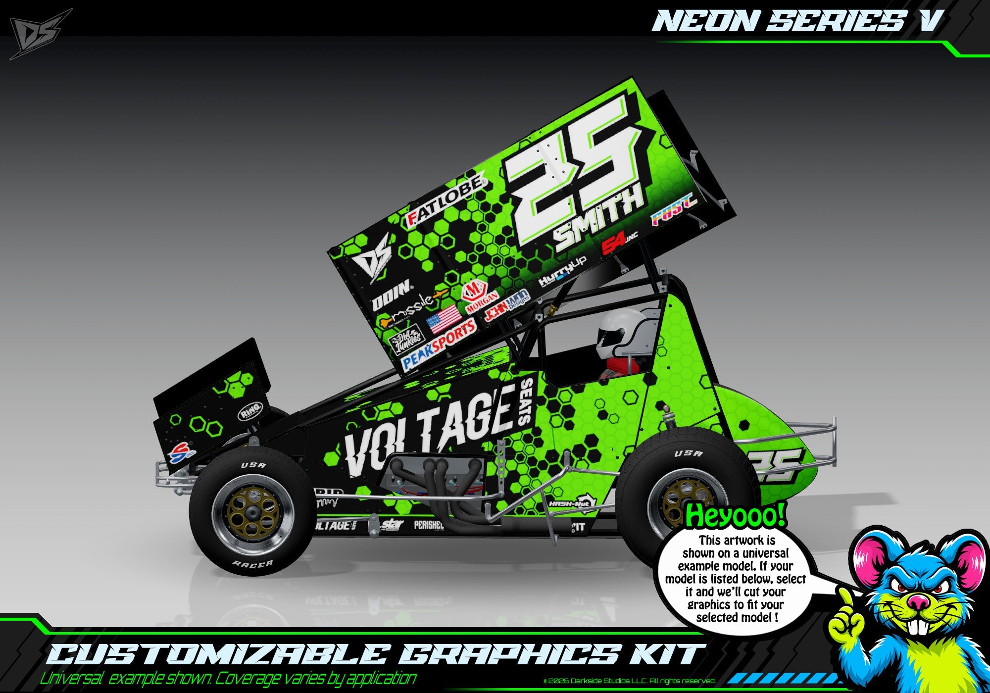 Neon Series V graphics kit for Salvas SE2 Sprint — Neon Green — universal example artwork preview