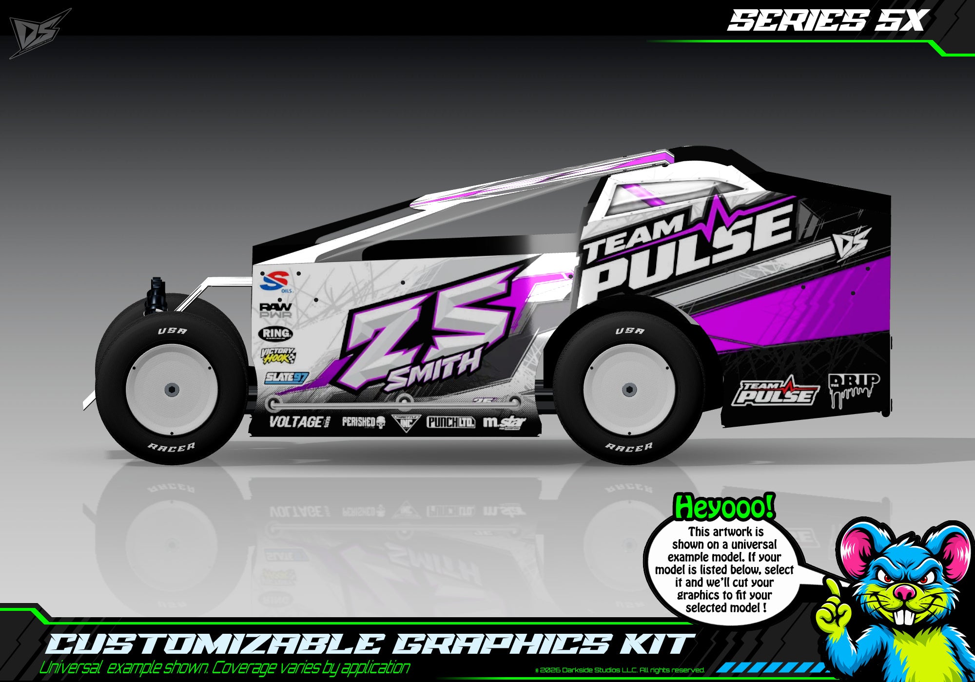 'Series 5X' Customizable Decal Skin Kit Fits Salvas Mudboss / SE2 Sprint Lexan Body For Traxxas Slash Dirt Oval Short Course Racing | Darkside Studio Arts LLC - 7