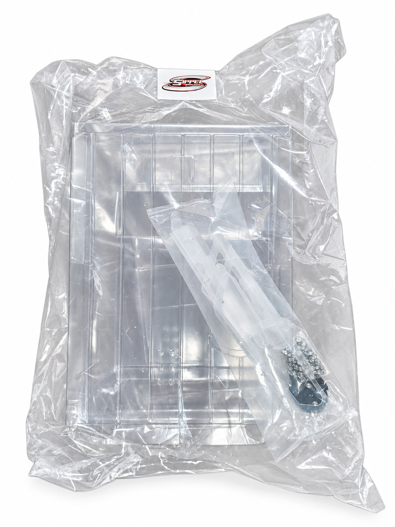 Sippel Gunslinger V2 2026 Midwest Modified clear body kit MWM26 with packaged supports and hardware on a white background.
