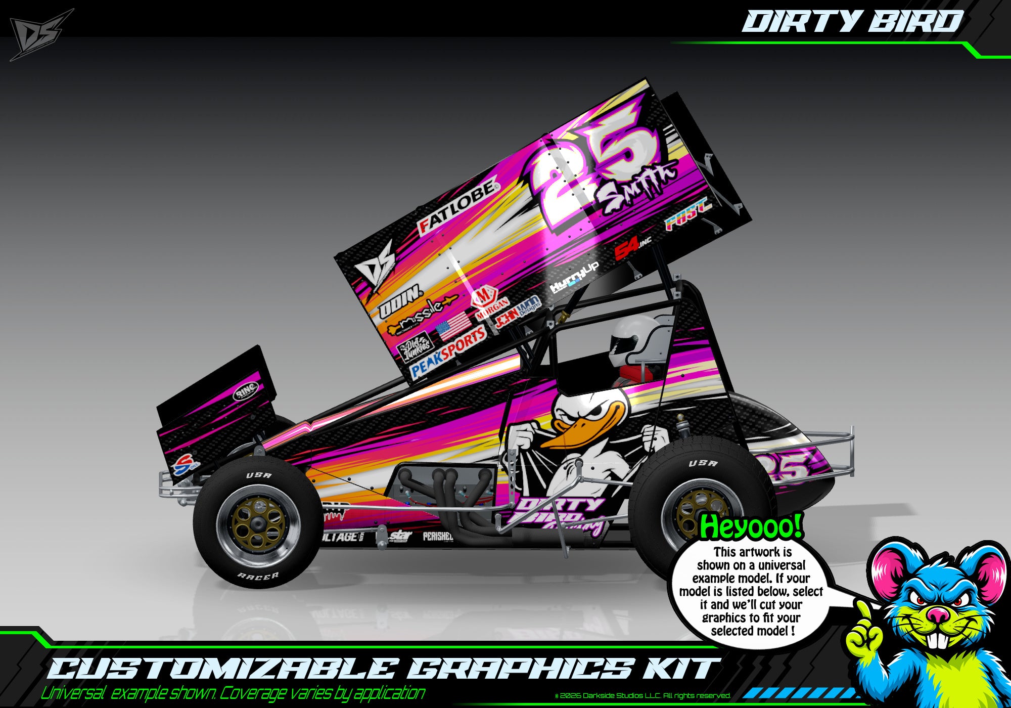 'Dirty Bird' Themed Graphics Wrap Kit Fits Losi® 22S Sprint Car OEM Body | Pro-Line Lightweight Body | Darkside Studio Arts LLC - 1