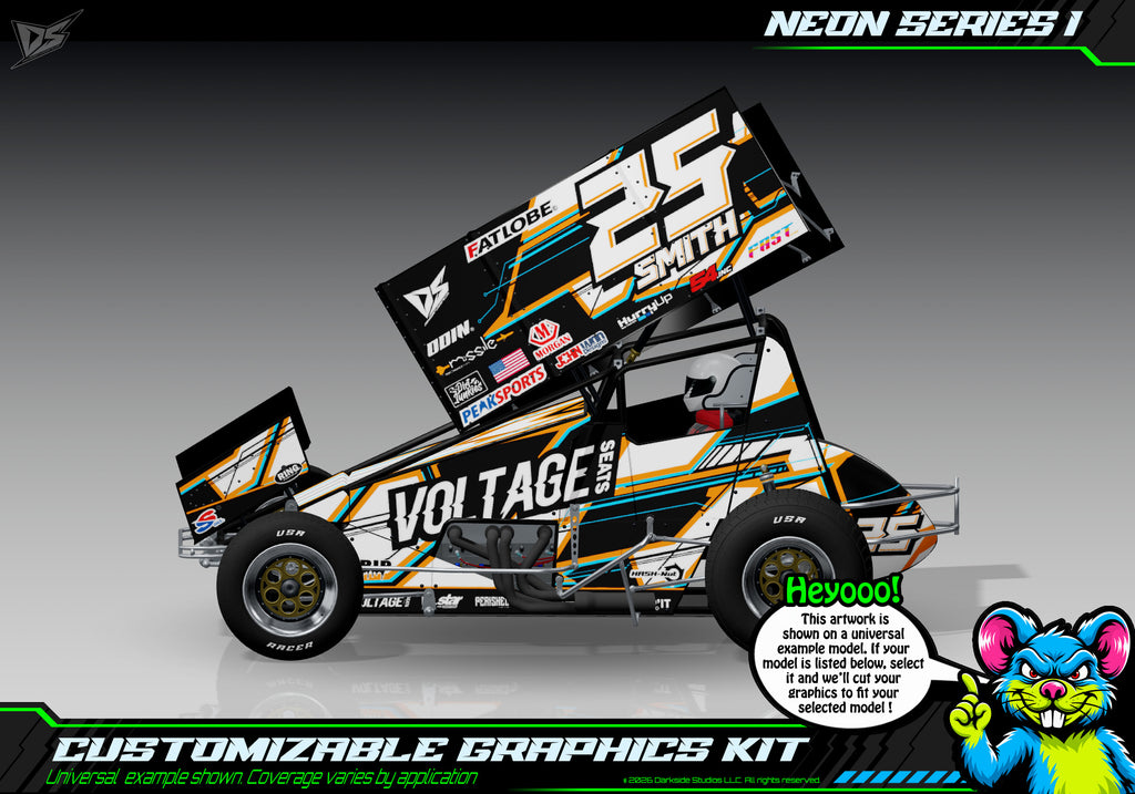 'Neon Series I' Themed Graphics Wrap Kit Fits Losi® 22S Sprint Car OEM Body | Pro-Line Lightweight Body | Darkside Studio Arts LLC - 1