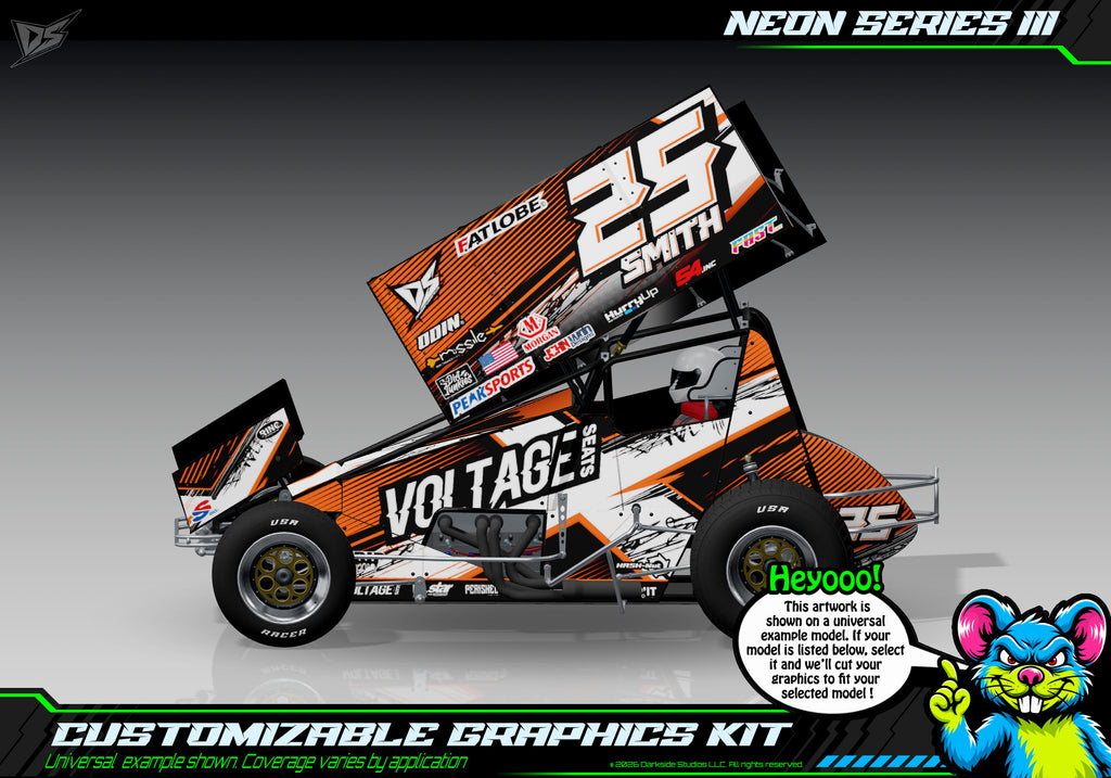 'Neon Series III' Themed Graphics Wrap Kit Fits Losi® 22S Sprint Car OEM Body | Pro-Line Lightweight Body | Darkside Studio Arts LLC - 1