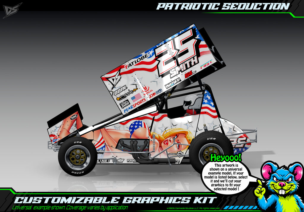 'Patriotic Seduction' Themed Graphics Wrap Kit Fits Losi® 22S Sprint Car OEM Body | Pro-Line Lightweight Body | Darkside Studio Arts LLC - 1