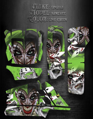 Graphics Kit For Yamaha Banshee Atv  "The Jesters Grin" Lime Green Joker - Darkside Studio Arts LLC.