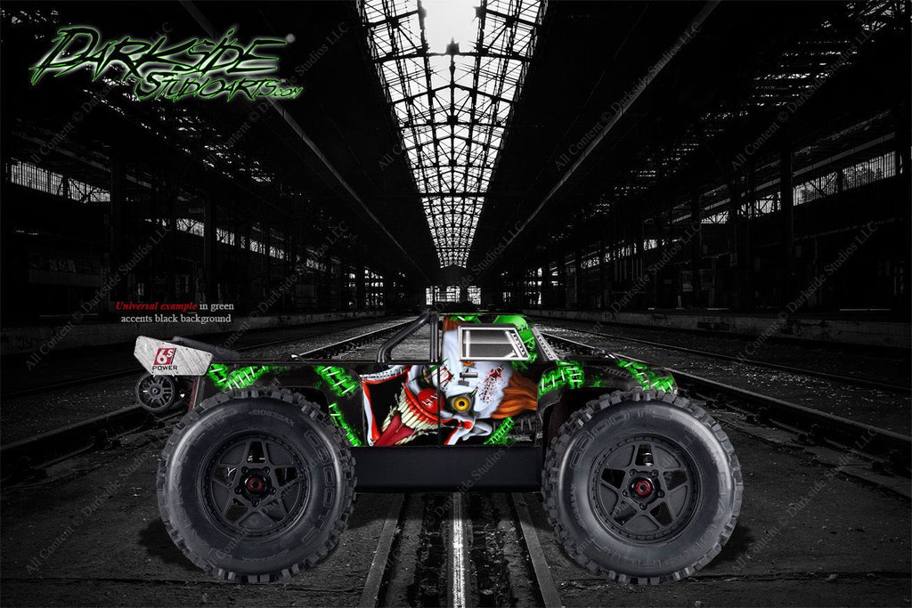 'Stiff Upper Lip' Themed Clown Graphics Wrap Skin Fits Arrma Outcast Truck Body # Ar406086 | Darkside Studio Arts LLC.
