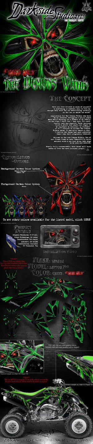 Graphics Kit For Yamaha Raptor 700 2013-2023 "The Demons Within"  Wrap Green Carbon - Darkside Studio Arts LLC.