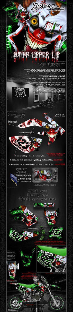 Graphics Kit For Kawasaki 2003-2006 Kdx50 "Stiff Upper Lip" Crazy Clown  Wrap Decals - Darkside Studio Arts LLC.