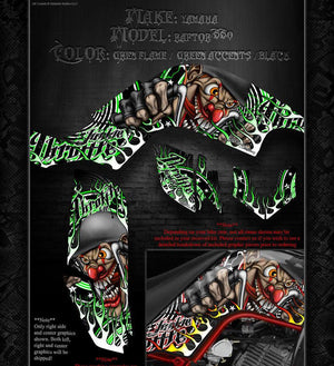 GRAPHICS KIT FOR YAMAHA RAPTOR 660  DECAL WRAP GREEN "THROTTLE JUNKIE" FOR OEM PLASTICS - Darkside Studio Arts LLC.