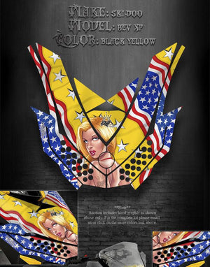 Ski-Doo Xp Rev Mxz Summit 08-12 Hood Graphics "Patriotic Seduction" Yellow 09 10 - Darkside Studio Arts LLC.