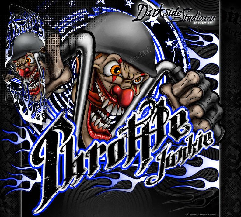 GRAPHICS KIT FOR YAMAHA RAPTOR 660 DECAL WRAP BLUE "THROTTLE JUNKIE" FOR OEM PLASTICS | Darkside Studio Arts LLC.