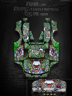 'Ticket To Ride' Clown Themed Graphics Skin Kit Fits Losi 5Ive-T Truck Body # Losb8105 - Darkside Studio Arts LLC.