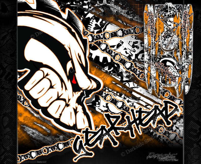 'Gear Head' Themed Graphics Skin Decal Kit Fits Pro Boat Zelos 36 And Miss Geico | Darkside Studio Arts LLC.