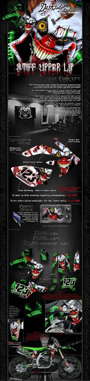 Graphics Kit For Kawasaki 1988-2004 Kx500 "Stiff Upper Lip" Crazy Clown  Wrap Decal - Darkside Studio Arts LLC.