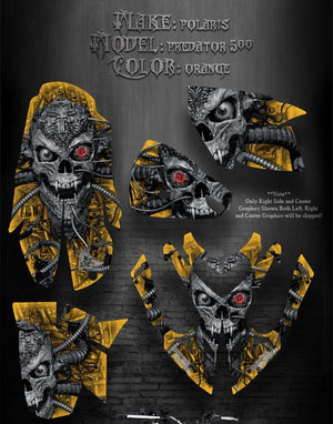 Graphics Kit For Polaris Predator 500 Atv  "Machinehead" Orange Model Skull - Darkside Studio Arts LLC.