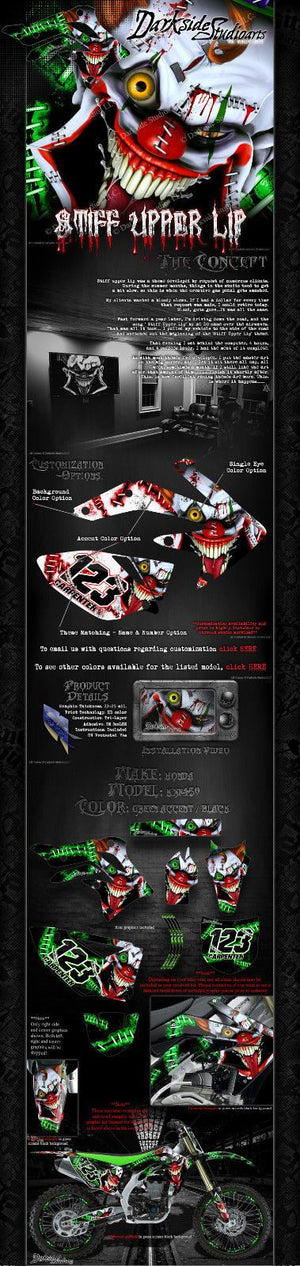 Graphics Kit For Kawasaki 2006-2020 Kxf450 "Stiff Upper Lip"  Wrap Decal  Crazy Clowns - Darkside Studio Arts LLC.