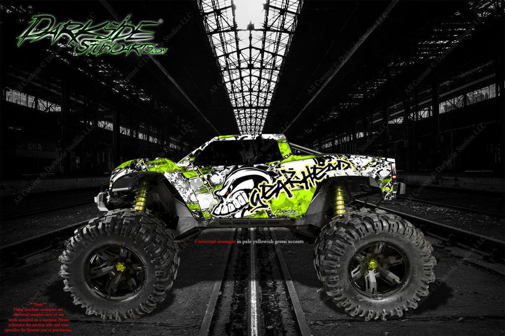 'Gear Head' Graphics Wrap Decals Pale Green Fits Tra3911 Oem Body Parts Traxxas E-Maxx | Darkside Studio Arts LLC.