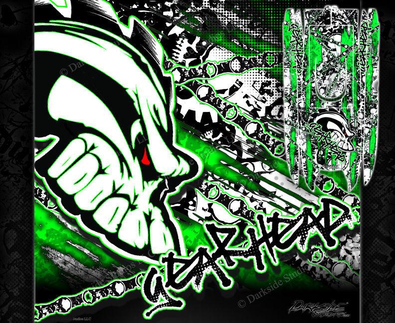 'Gear Head' Themed Graphics Skin Decal Kit Fits Pro Boat Zelos 36 And Miss Geico | Darkside Studio Arts LLC.