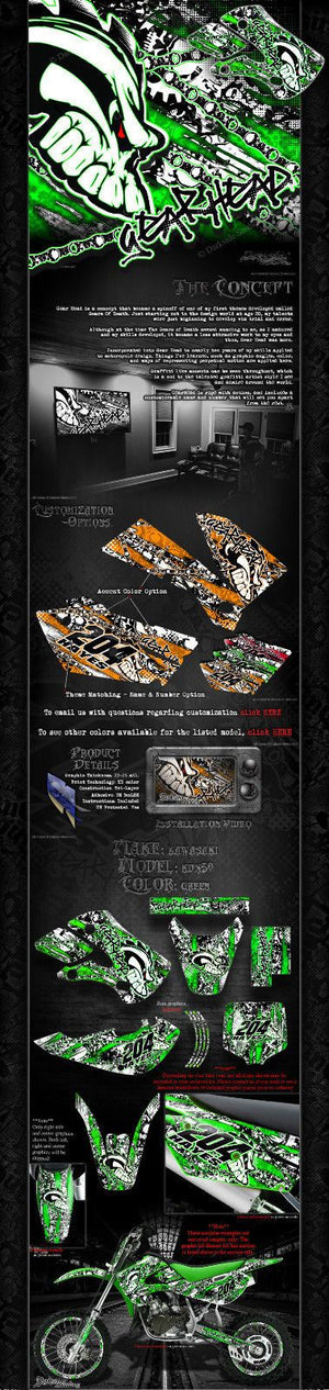 Graphics Kit For Kawasaki 2003-2006 Kdx50 "Gear Head" Skull  Wrap Decals - Darkside Studio Arts LLC.