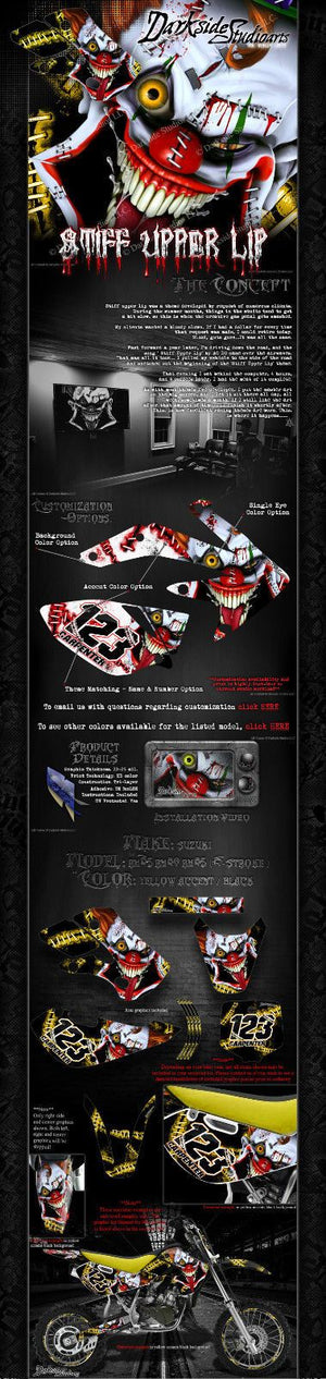 Graphics Kit For Suzuki 1995-2016 Rm65 Rm80 Rm85  Wrap "Stiff Upper Lip" Clown Decals - Darkside Studio Arts LLC.