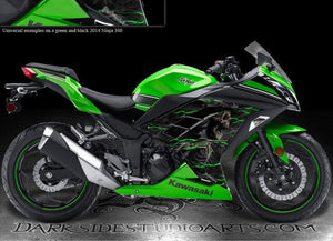 Graphics Kit For Kawasaki 2013-2014 Ninja 300 "Hell Ride"  For Shroud Parts Green Flame - Darkside Studio Arts LLC.