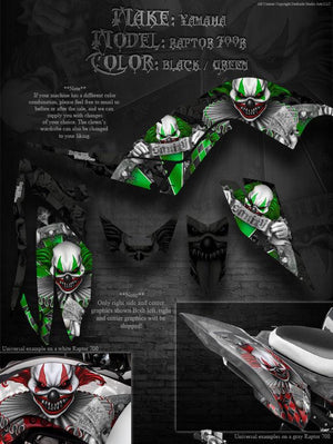 Graphics Kit For Yamaha 06-12 Raptor 700  "The Freak Show" Green Accents 4 Black Plastics - Darkside Studio Arts LLC.
